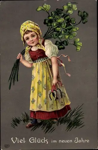 Präge Ak Glückwunsch Neujahr, Mädchen, Glücksklee, Hufeisen