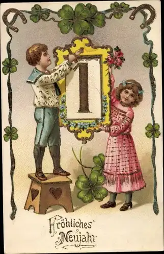 Präge Ak Glückwunsch Neujahr, Kinder, Kalender, Glücksklee