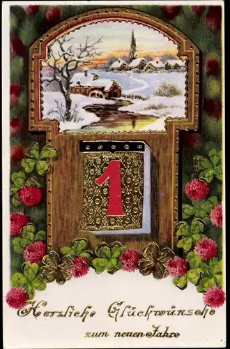 Ak Glückwunsch Neujahr, Kalender, Glücksklee, Blumen