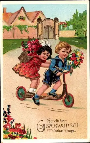 Ak Glückwunsch Geburtstag, Kinder fahren Roller, Blumen