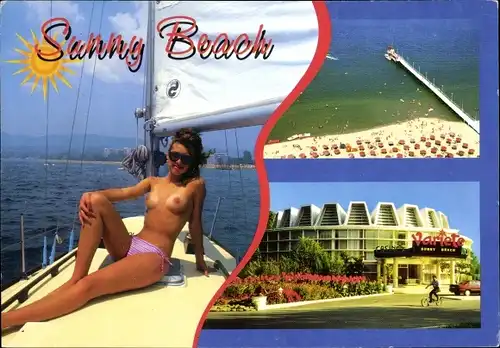 Ak Sonnenstrand Bulgarien, Sunny Beach Resort, Frau oben ohne auf einem Segelboot, Variete, Busen