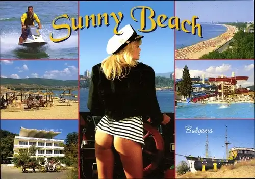 Ak Sonnenstrand Bulgarien, Sunny Beach, Frau unten ohne am Steuerrad, Po, Jetski