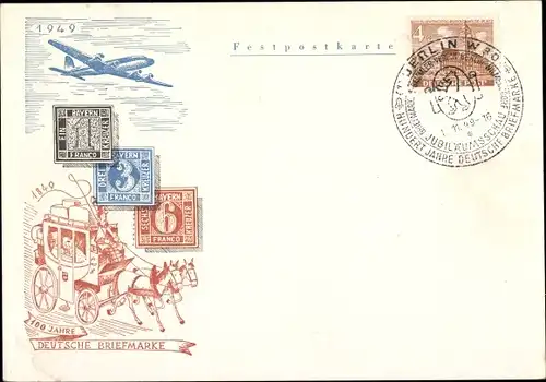 Briefmarfken Ak Jubiläumsschau 100 Jahre Deutsche Briefmarke Berlin 1949, Bayern, Postkutsche