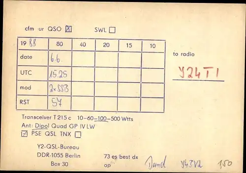 Ak QSL Funkerkarte Y 40 EMB, Y 2 KK - L 05, 40 Jahre VEB Elektromaschinenbau Dresden, DDR