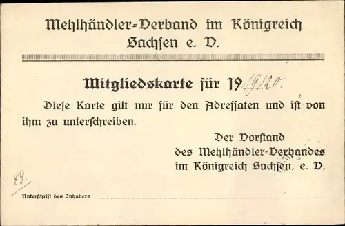 Ak Mehlhändler Verband im Königreich Sachsen e.V., Mitgliedskarte 1919/20
