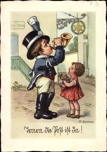 Künstler Ak Bertram, Fr., Hurra die Post ist da, Junge mit Posthorn, Mädchen, Puppe