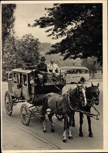 Ak Postkutsche im Schwarzatal, Omnibus im Hintergrund, Lauschatal