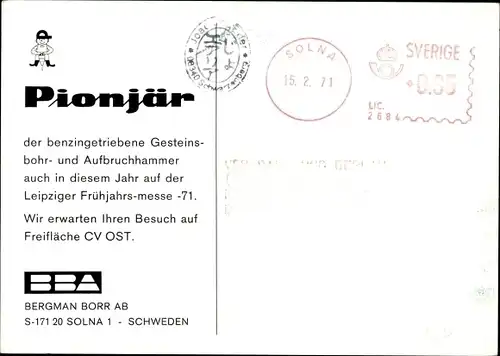 Ak Pionjär benzingetriebener Gesteinsbohr- und Aufbruchhammer, BBA Bergman Borr AB Schweden