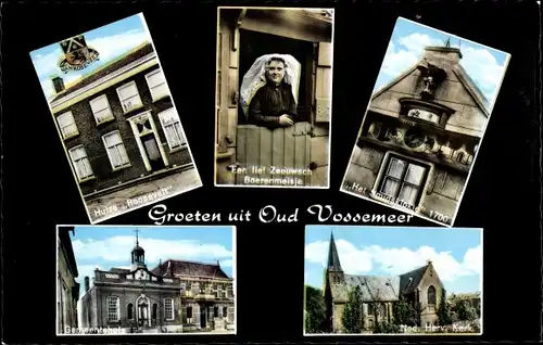 Ak Oud Vossemeer Zeeland Niederlande, N. H. Kerk, Huize Roosevelt, Gemeentehuis, Tracht