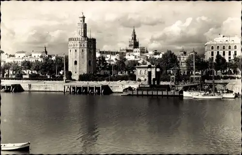 Ak Sevilla Andalusien, Torre del Oor, Al fondo le Giralda y el Guadalquivir