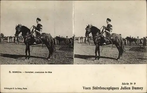 Stereo Ak Biskra Algerien, Cavalier, Costume de fête