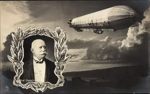 Ak Luftschiff im Flug, Portrait Graf Zeppelin, Lorbeerkranz