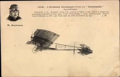 Ak L'Aviateur Audemars pilotant une Demoiselle, Flugzeug, Flugpionier