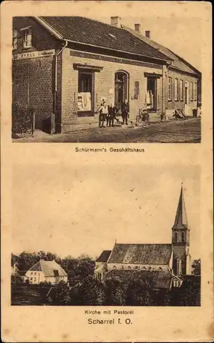 Ak Scharrel Saterland Niedersachsen, Kirche und Pastorel, Schürmann's Geschäftshaus