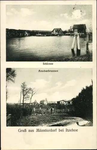 Ak Münsterdorf in Holstein, Schleuse, Anscharbrunnen