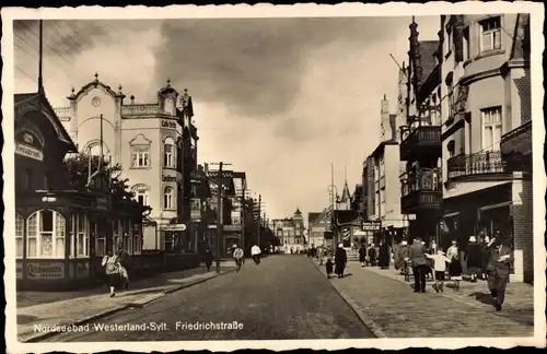 Ak Westerland auf Sylt, Friedrichstraße, Hotel Christianenhöhe, Café Orth, Friseur, Passanten