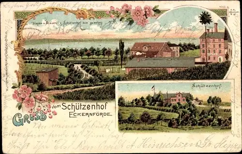 Litho Ostseebad Eckernförde, Schützenhof, Panorama mit Hafen und Brauerei
