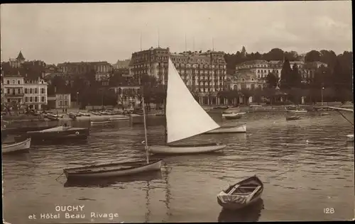Ak Ouchy Lausanne Kanton Waadt, Hotel Beau Rivage, Ruder- und Segelboote