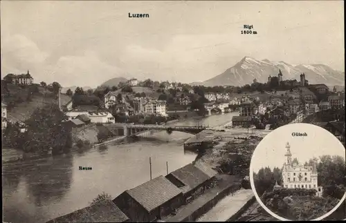 Ak Luzern Stadt Schweiz, Stadtansicht mit Rigi, Gütsch, Reuss