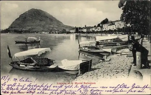 Ak Lugano Kanton Tessin, Monte San Salvatore, Partie am Hafen, Ruderboote