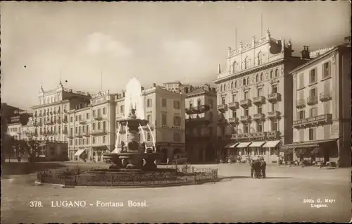 Ak Lugano Kanton Tessin, Fontana Bossai, Hotel Garni Walter, Brunnen