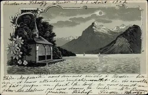 Mondschein Litho Sisikon Kt. Uri Schweiz, Blick zur Tellskapelle
