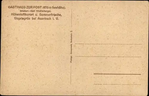 Ak Vogelsgrün Auerbach im Vogtland, Gasthaus zur Post, Sammlung aus ehem. dt. ostafr. Kolonien