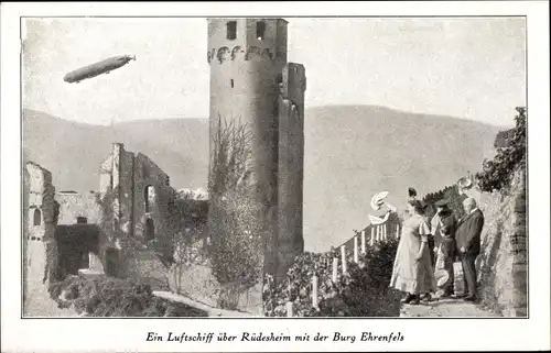 Ak Rüdesheim am Rhein, Luftschiff über der Burg Ehrenfels, Zeppelin