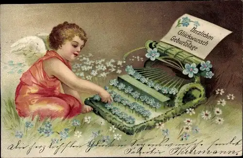 Litho Glückwunsch Geburtstag, Engel mit Schreibmaschine, Vergissmeinnicht