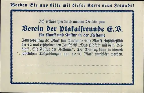 Ak Berlin Charlottenburg, Verein der Plakatfreunde eV, Kantstraße 158, Beitrittserklärung