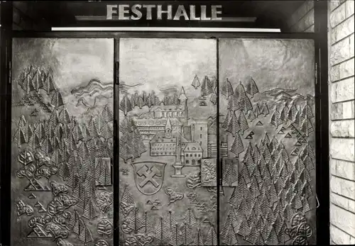 Ak Annaberg Buchholz Erzgebirge, Festhalle, Kupferrelief von Hochkeppeler