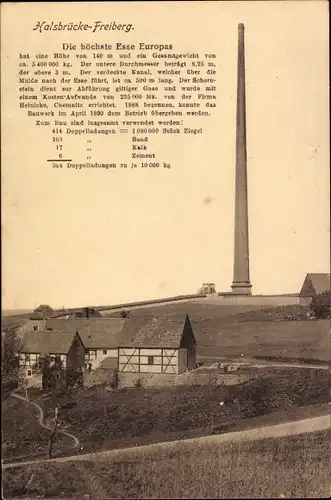 Ak Halsbrücke in Mittelsachsen, Blick auf den 140 m hohen Schornstein, höchste Esse Europas