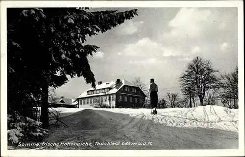 Ak Hoheneiche Saalfelder Höhe Saalfeld an der Saale, Gasthaus Emil Möbius, Winteransicht