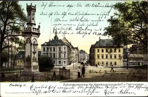 Ak Freiberg in Sachsen, Schwedendenkmal, Kgl. Amtshauptmannschaft und Petersstraße