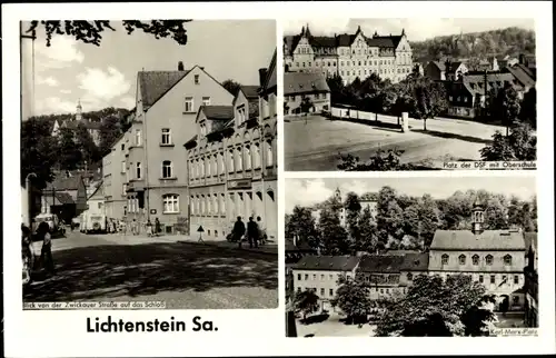 Ak Lichtenstein in Sachsen, Schloss von der Zwickauer Straße aus gesehen, Oberschule, Platz der DSF