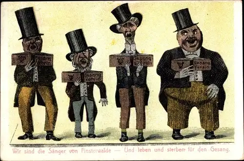 Ak Finsterwalde in der Niederlausitz, Wir sind die Sänger von Finsterwalde, Zylinder, Gesangbuch