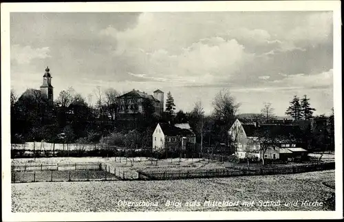 Ak Oberschöna in Sachsen, Mitteldorf mit Schloss und Kirche