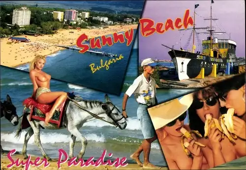 Ak Sonnenstrand Bulgarien, Sunny Beach, barbusige Frau auf einem Pferd, Frauen essen Bananen