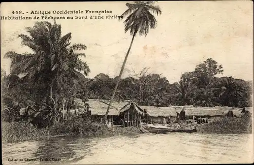 Ak Afrique occidentale francaise, Habitations de Pecheurs au bord d'une rivière