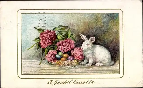 Künstler Ak Glückwunsch Ostern, Weißer Hase mit Blüten und Ostereiern
