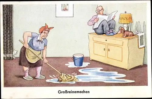 Ak Großreinemachen, Frau wischt den Boden, Mann sitzt auf dem Schrank und schaut zu