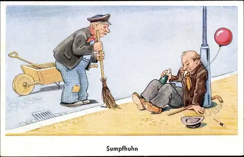 Ak Sumpfhuhn, betrunkener Mann, Straßenfeger