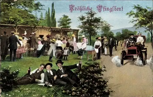 Ak Glückwunsch Pfingsten, Personen im Freien, Kinderwagen, Auto