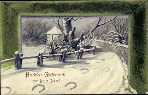 Präge Ak Glückwunsch Neujahr, Hufeisenabdrücke im Schnee