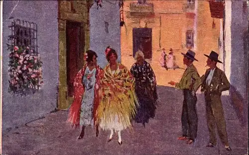 Künstler Ak Bertuchi, Frauen und Männer in spanischen Trachten