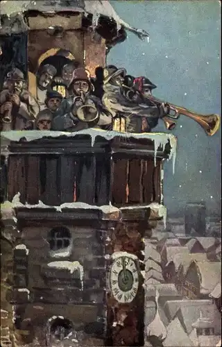 Künstler Ak Glückwunsch Neujahr, Turmuhr, Bläser