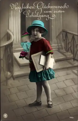 Ak Glückwunsch Einschulung, Mädchen mit Zuckertüte und Tafel
