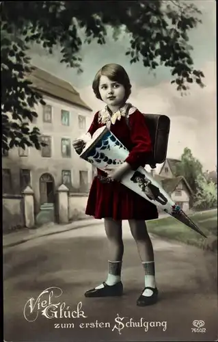 Ak Glückwunsch Einschulung, Mädchen mit Zuckertüte und Schulranzen