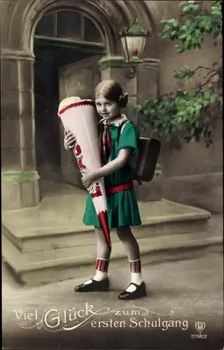 Ak Glückwunsch Einschulung, Mädchen mit Zuckertüte und Schulranzen