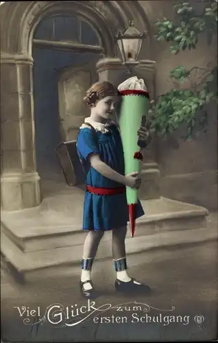 Ak Glückwunsch Einschulung, Mädchen mit Zuckertüte und Schulranzen